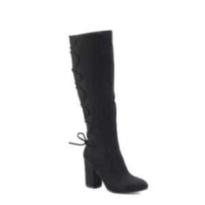 SO Black High Heeled Tall Faux Suede Boots laces 7.5 Screentime